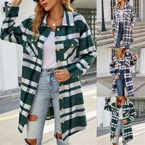 Jinhomg Fall Jackets for Women 2025 Casual Knee Length Plaid Printed ...