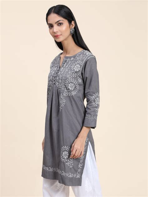 HOK chikankari Tunic for Women -Grey - House Of Kari (Chikankari Clothing)