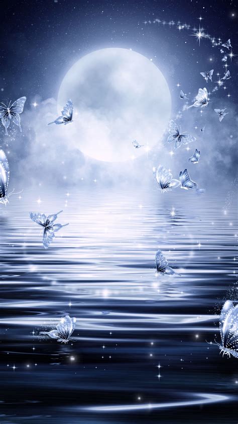 Download wallpaper 1350x2400 moon, butterflies, stars, glitter, art ...