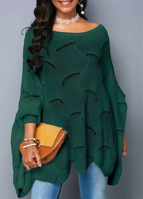 Dark Green Asymmetric Hem Open Knit Sweater | Rotita.com - USD $30.57 ...