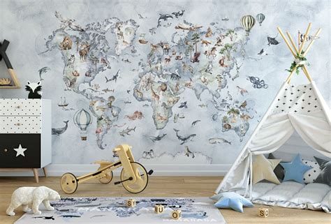 Buy WORLD MAP Kids Wallpaper Educational Map With Animals Wall Mural ...