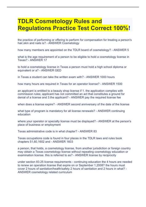 TDLR Cosmetology Rules and Regulations Practice Test Correct 100% ...