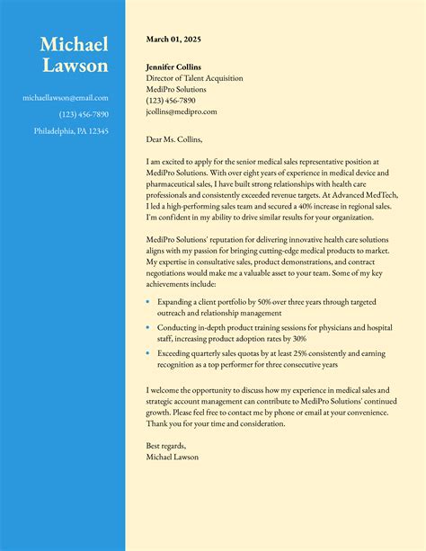 Medical Sales Representative Cover Letter Examples and Templates for 2025 - ResumeBuilder.com