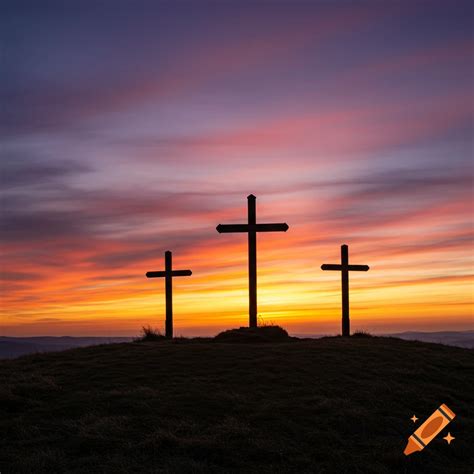 Crosses on a hill at sunset on Craiyon