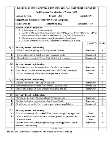 Btcoe 703A Cloud Computing CSE End Sem Exam Winter 2022 QP - Studocu