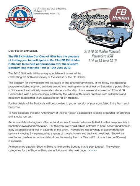 Fillable Online FB EK Holden Car Club of NSW Inc PO Box 2173 FB Fax ...