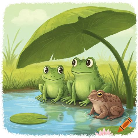Children’s illustration of frogs and a toad in a pond on Craiyon