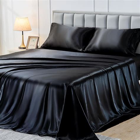 Sasttie Satin Sheets Queen, 4 Pcs Satin Bed Sheets Set, Black Silk ...