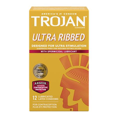 Trojan Ultra Ribbed Plus Spermicide Latex Lubricated Ribbed Condoms, 12 ...