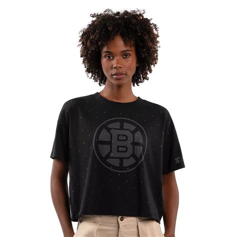 Women's Starter Black Boston Bruins Rhinestone Sprinkle Boxy Cropped T ...