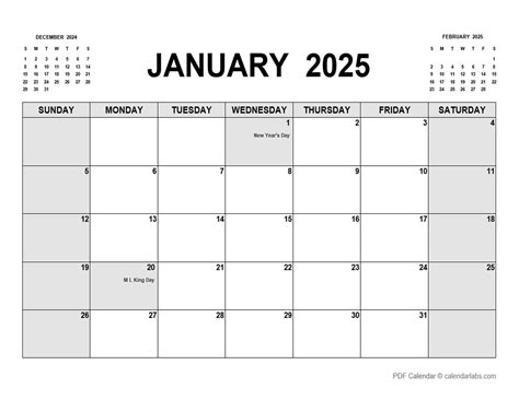 January 2025 Calendar with Holidays | CalendarLabs