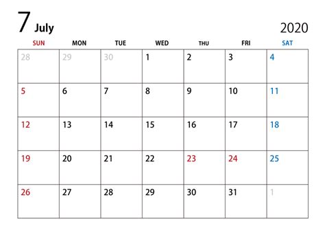 シンプルなデザインのA4横向きサイズの2020年7月カレンダー画像素材です。 | 2月 カレンダー, 8月 カレンダー, カレンダー a4
