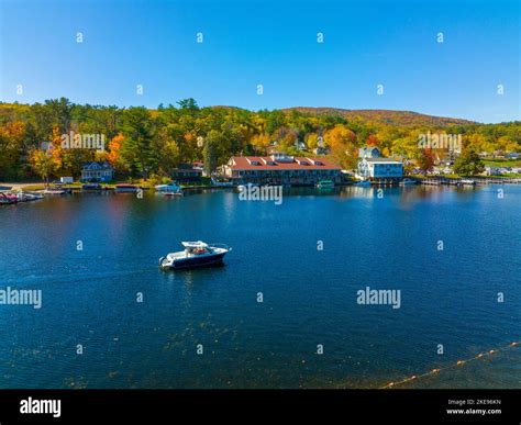 Alton Bay at Lake Winnipesaukee aerial view on Harmony Park and village ...