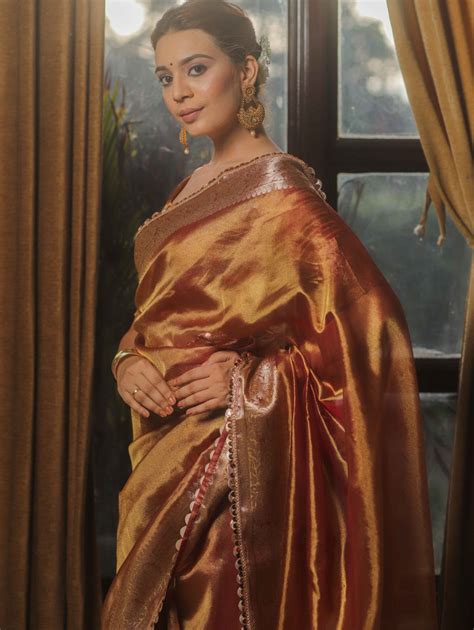 Banarasee Handwoven Plain Tissue Saree Zari Border With Lace-Rust