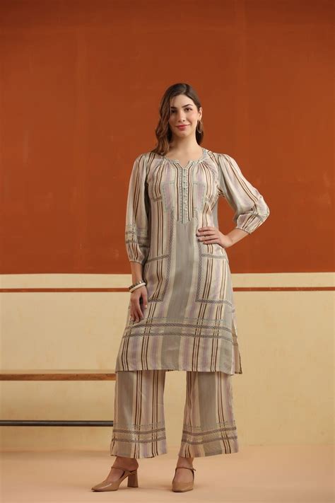 Beige Striped Viscose Santoon Kurti & Pant Set for Women – Nyaro