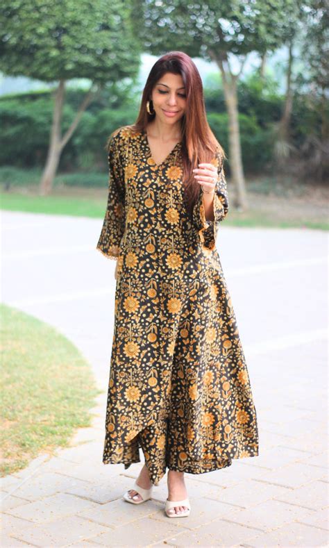 Cotton Brown & Mustard Handblock Kalamkari High Low Kurta & Palazzo ...
