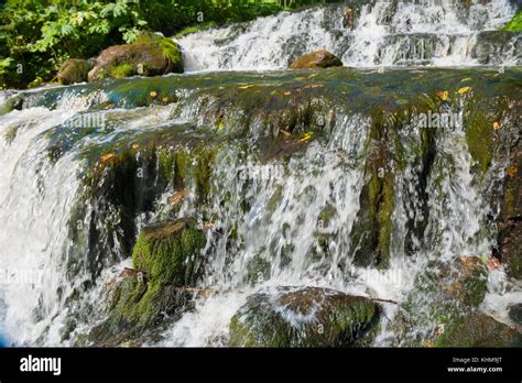 Calpa river with a cascade of small waterfalls. Russia, Novgorod region ...