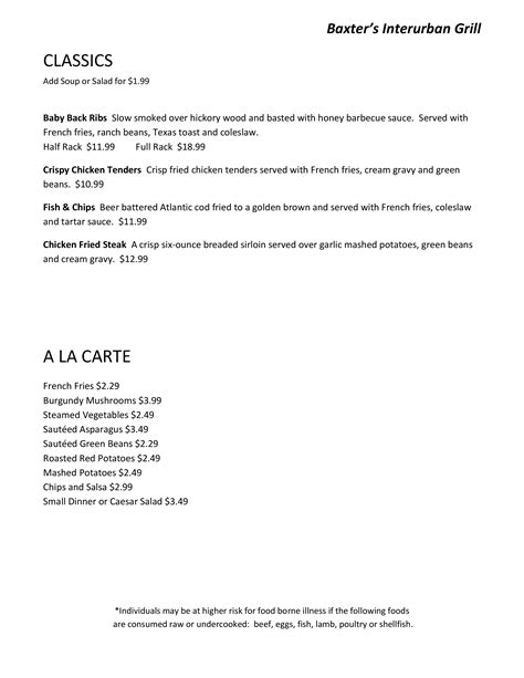 Menu at Baxter's Interurban Grill pub & bar, Tulsa