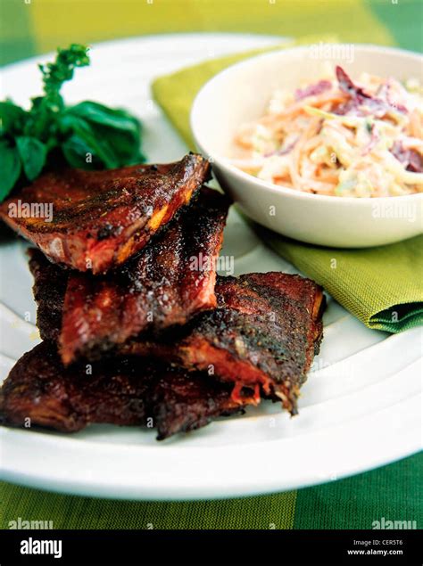 "Down South" BBQ grilled spare ribs and coleslaw Stock Photo - Alamy