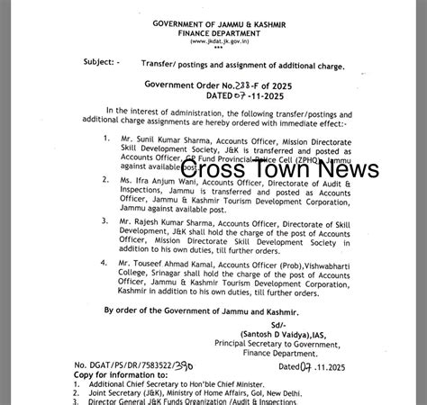 J&K Govt orders transfers and postings of Accounts Officers