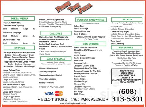Menu for Prime Time Pizza in Beloit, WI | Sirved