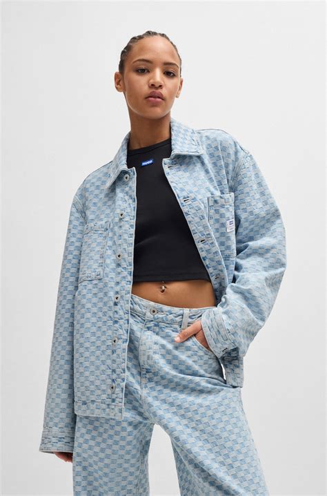 HUGO - Logo-trim jacket in checkerboard denim