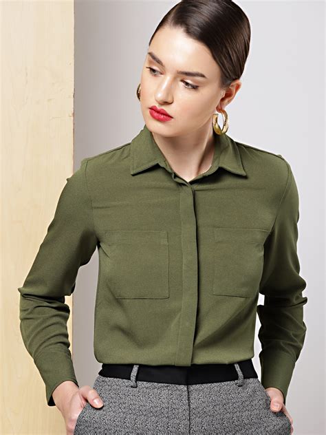 Buy Her By Invictus Women Olive Green Regular Fit Solid Formal Shirt ...