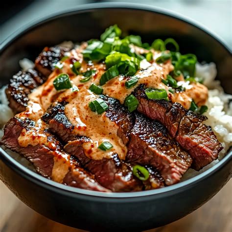 Korean BBQ Steak Rice Bowls with Spicy Cream Sauce