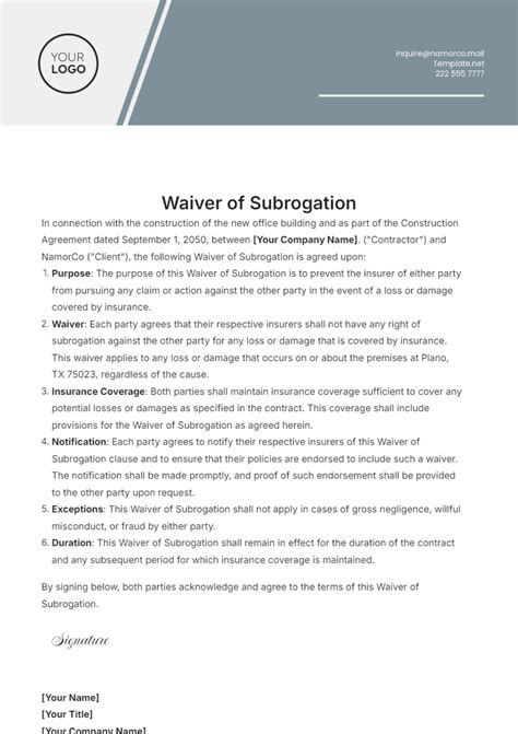 Free Waiver of Subrogation Template to Edit Online