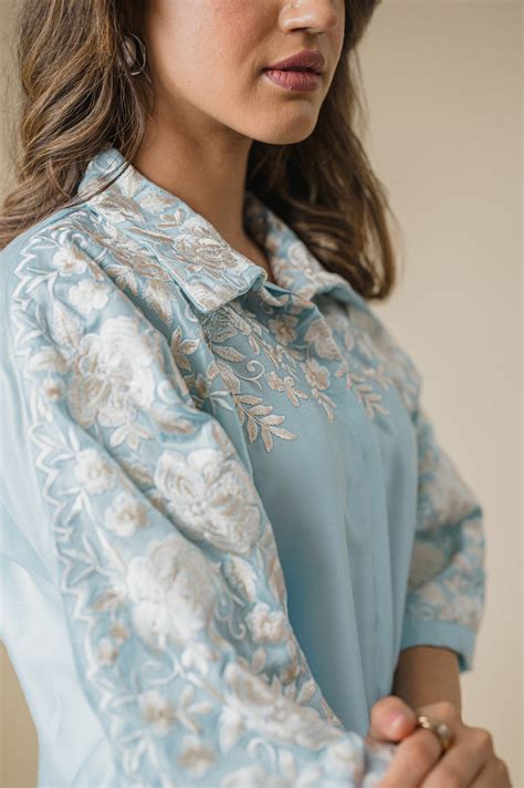 Light Blue Floral Embroidered Co-ord Set – INCHING INDIA