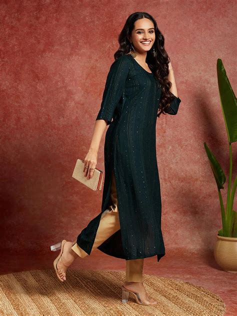 Buy Green Woven Design Rayon Straight Kurta Online at Rs.749 | Libas