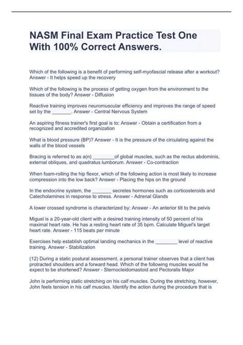 NASM Final Exam Practice Test One With 100% Correct Answers. - Nasm ...