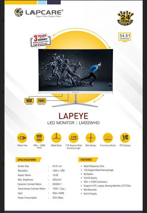 Lapcare LapEye (LM22WHD) 22 Inch FHD IPS HDMI + VGA Monitor With 3 ...