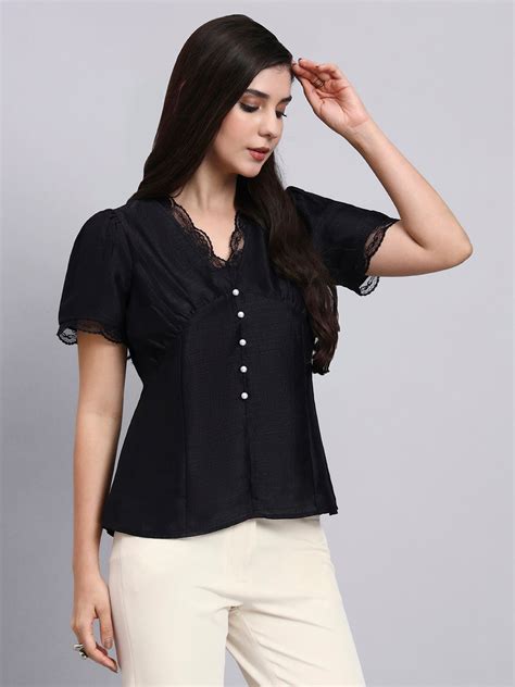 Women Black Puff Sleeve Top With Pearl Button