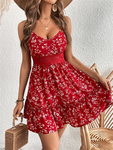 SHEIN VCAY Floral Print Guipure Lace Insert Ruffle Hem Cami Summer ...