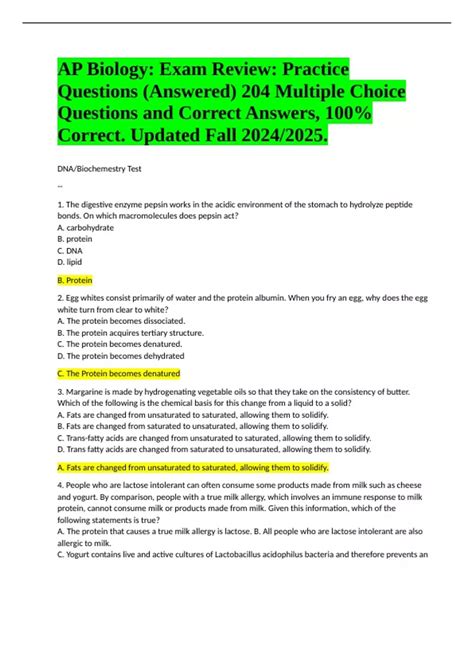 AP Biology: Exam Review: Practice Questions (Answered) 204 Multiple ...