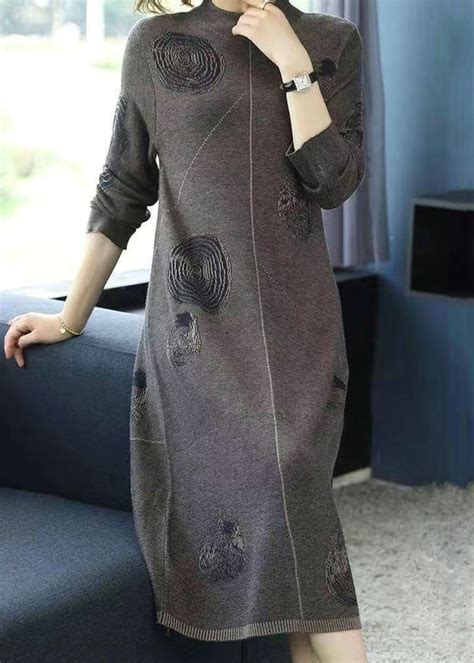 Women Grey Turtleneck Patchwork Cotton Knit Dress Fall – SooLinen