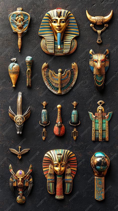 A collection of ancient Egyptian amulets arranged on a dark background ...