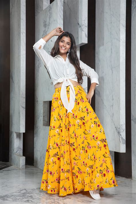 Readymade Yellow Printed Crepe Indo Western Skirt With White