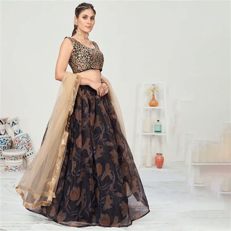 wavecolour | Black Digital Printed Semi-Stitched Lehenga & Unstitched ...
