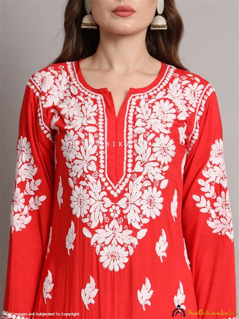Sanaya Modal Chikankari Straight Kurti-Red|The Chikan Label