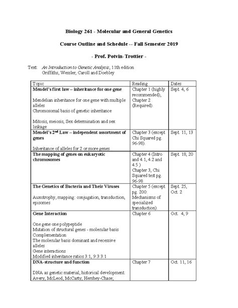 Biol 261 Course Outline 2019 - new schedule - Biology 261 - Molecular ...