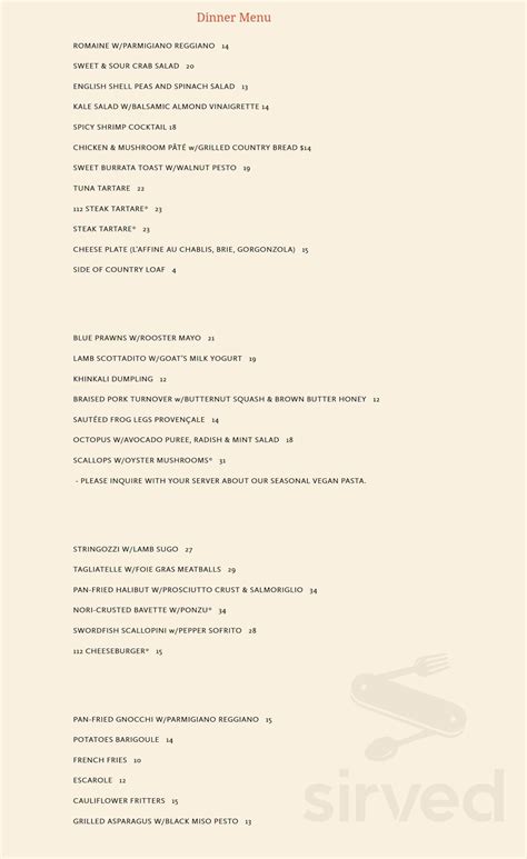112 Eatery menu in Minneapolis, Minnesota, USA