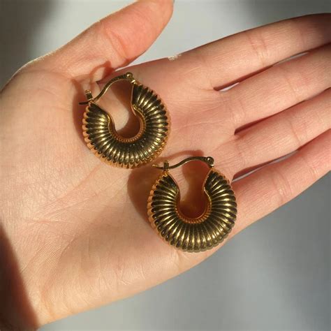 Anti-Tarnish Ribbed Croissant Hoop Earrings | Gold-Plated Chunky Hoops ...