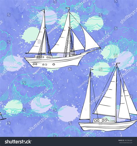 Seamless Pattern Waves Ships Hand Drawn Stock Vector (Royalty Free ...