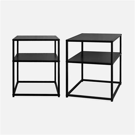 Pair of 2 black metal bedside table with shelf, Black