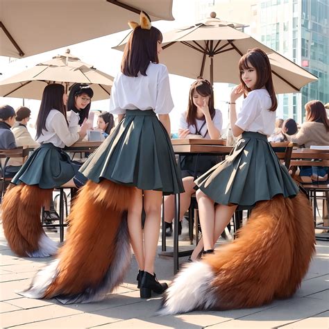 There are two girls in skirts with tails on their legs - SeaArt AI