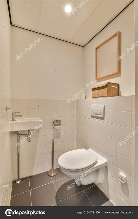White Toilet Bathroom Black Tiles Floor Mirror Hanging Wall Stock Photo ...