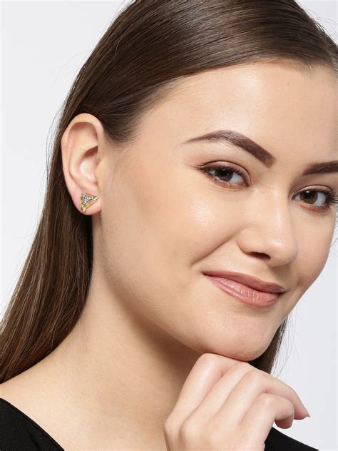 Gold Plated American Diamond Studded Triangular Shaped Grey Stud Earri ...