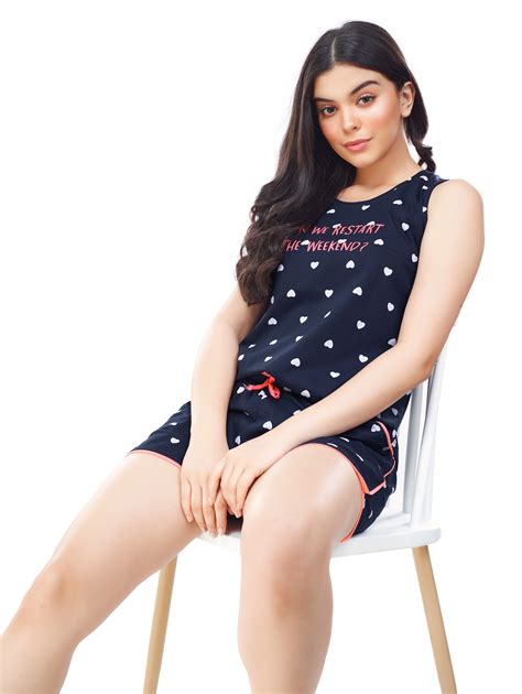 ZEYO Women's Cotton Navy Blue Heart Printed Shorts Set